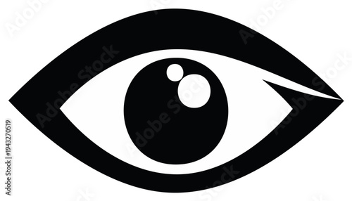 Stylized graphic eye icon with detailed iris and pupil design, in black and white.
