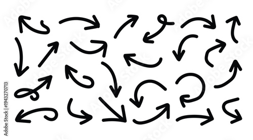 Collection of hand drawn arrows pointing in various directions on white background