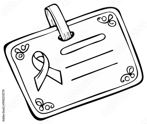 Blank ID Badge with Awareness Ribbon Symbol and Decorative Border