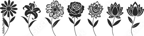 Stylized flower illustration set, black and white botanical icons, decorative floral artwork collection, artistic nature graphics, eco friendly design elements