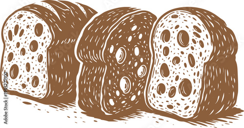Artisan Bread Loaf and Slices Vintage Bakery Illustration.