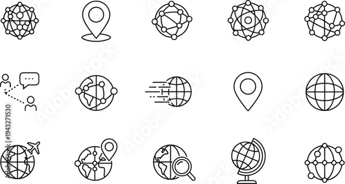 Global connectivity icon set, stylized communication graphics, worldwide navigation symbols, international business artwork, data network design elements collection