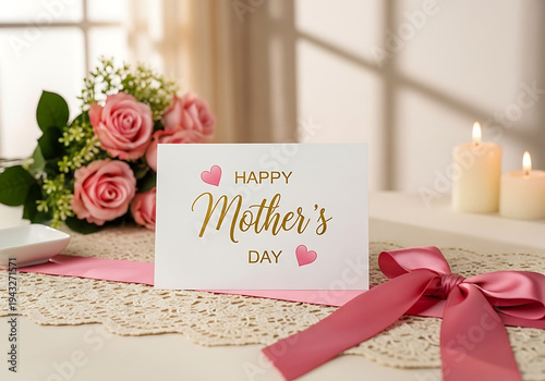 Happy Mothers Day card with pink roses and candles on table
