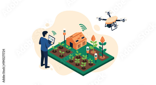 A farmer uses a laptop and a drone to manage a modern smart farm with sensor technology for precision agriculture.
