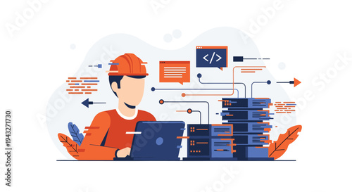A system administrator in a hard hat manages a server rack using a laptop, with data streams illustrating network activity.
