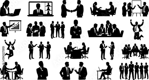 Business People Silhouette Icon Set – Corporate Meeting, Handshake, Teamwork, Presentation and Office Collaboration Vector Collection