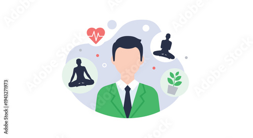 A vector illustration portrays a businessman's focus on well-being, with icons for heart health, meditation, and nature surrounding his portrait as a concept for work-life balance.