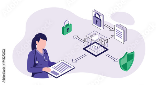 A female doctor reviews a patient file next to an isometric diagram illustrating secure healthcare data management with servers, files, shields, and padlocks on a purple background.