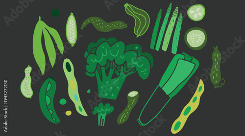 Collection of green vegetables including broccoli, cucumbers and peas arranged on dark background. Modern flat vector illustration perfect for healthy food graphics, packaging and kitchen themed desig