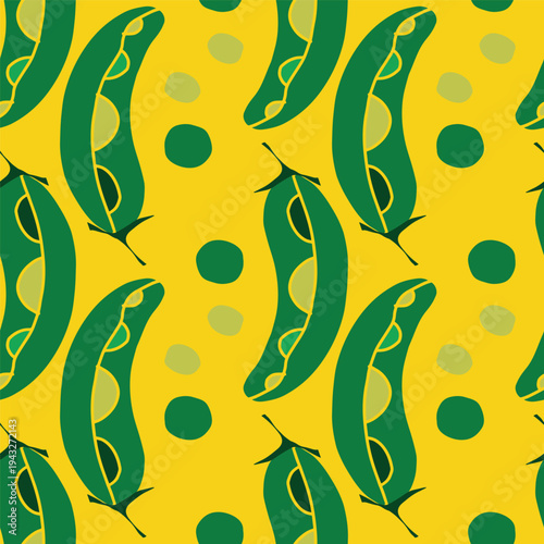 Bright seamless pattern with green pea pods and dotted decorative shapes. Modern flat vector vegetable pattern ideal for textiles, packaging and food themed backgrounds.