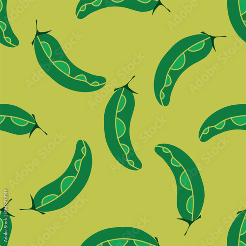 Seamless pea pod pattern in green tones. Modern flat vector vegetable pattern with repeating pea shapes, perfect for packaging, textiles, wallpaper and organic food design.