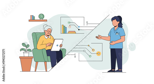 An elderly woman receives remote healthcare consultation from a female nurse via a tablet in a modern telehealth vector illustration.