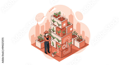 A farmer manages a modern vertical farm composed of stacked planters with a futuristic city skyline in the background illustration.
