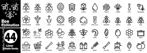 Bee pollination liner icons set. Including honey swarm, comb apiary farm, and nature vector illustrator.