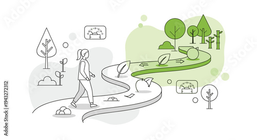 A conceptual line art illustration of a woman walking on a path from a polluted, gray environment toward a clean, green, and sustainable future.