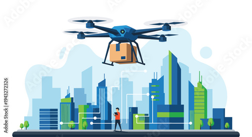 A modern vector illustration of a delivery drone carrying a package flying over a stylized city skyline with a person controlling it below.