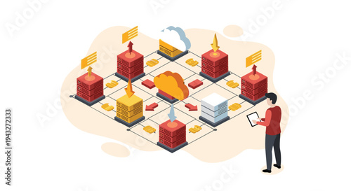 An isometric vector illustration of a network administrator managing a cloud computing infrastructure with interconnected servers and data transfer arrows.