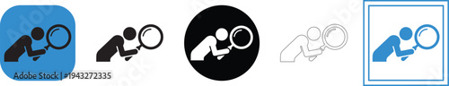 A clean, minimalist vector illustration graphic depicting a focused stick figure person icon holding a magnifying glass to symbolize deep search, detailed investigation, thorough discovery, meticulous