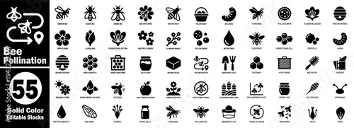 Bee pollination icon set. Including queen bee, drone, honey hive, and nectar vector illustrator.