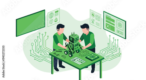 An isometric vector illustration of two engineers collaborating to build a robot on a workbench, surrounded by digital interfaces and circuit board graphics.