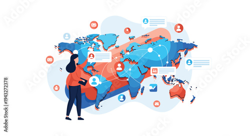 A vector illustration of a woman managing a global social network, shown as interconnected user profiles on a world map, symbolizing international communication.