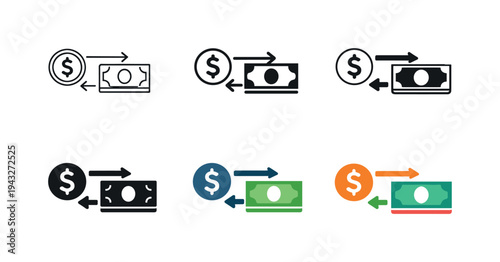 Money transfer icons showing dollar coin and banknote exchange with arrows