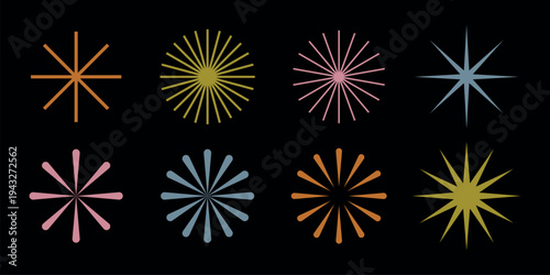 Colorful starburst shapes on black element set vector