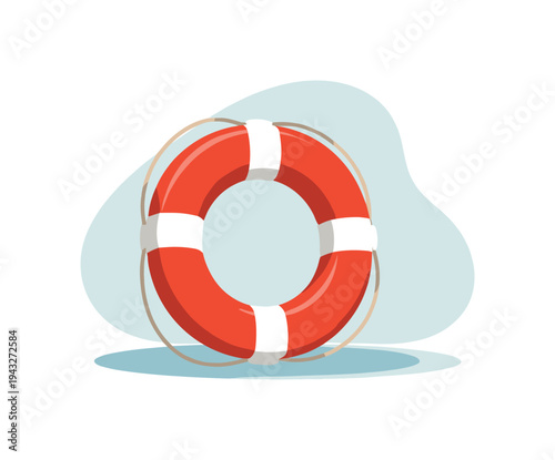 Red and white life preserver ring floating on water with a light blue abstract shape behind it