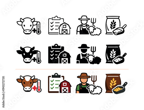 Farm animal health and management icons: cow, barn, farmer, sheep, and feed