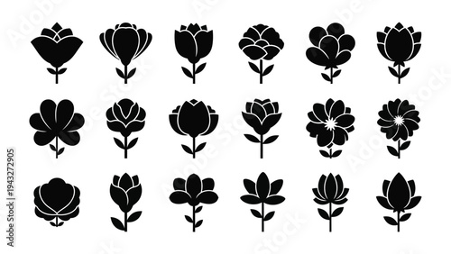 Floral Silhouette Collection: A collection of various flower silhouettes in elegant black, each petal and stem carefully rendered to capture the essence of botanical beauty. 