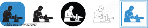 Collection of vector graphic safety icons illustrating a worker wearing a hard hat actively sawing wood secured in a vice clamp.