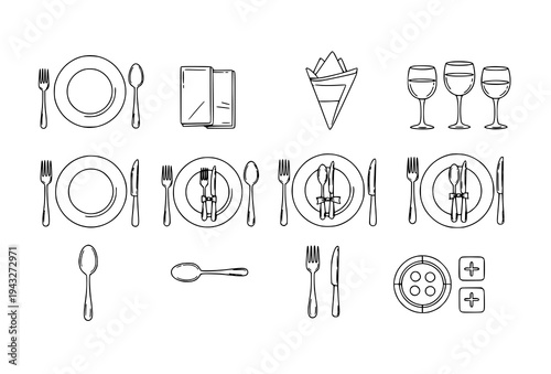 Hand drawn table setting doodle icon set with plate fork spoon knife dining etiquette outline vector collection