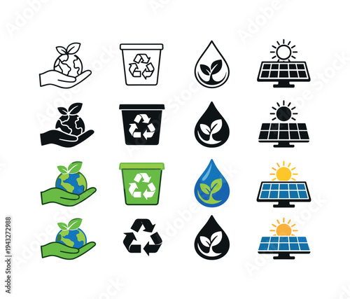 Collection of eco-friendly icons representing sustainability and renewable energy sources