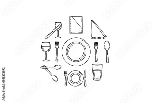 Dining table etiquette doodle icons arranged around plate hand drawn cutlery outline vector set