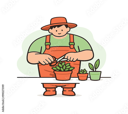 Fresh gardener trims plants with scissors, careful snips shaping leaves while pots rest nearby on a clean surface table top