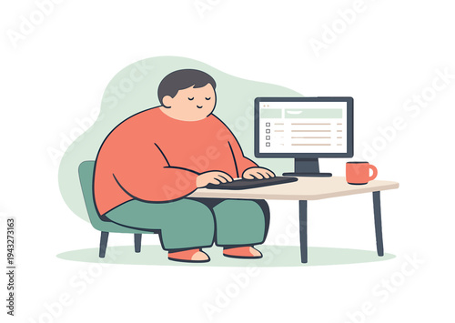 Nearby person checks email calmly at a desk, screen glowing softly, hands resting near keyboard, breath steady, notifications