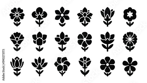 Floral Symphony: An array of stylized black floral illustrations in a symmetrical arrangement. Each flower, with its unique petal and leaf pattern.