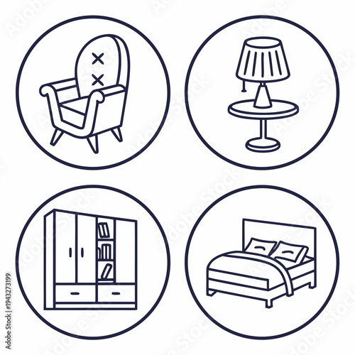 Set of four outline illustrations depicting various furniture items including armchair, bedside table with lamp, wardrobe, and double bed