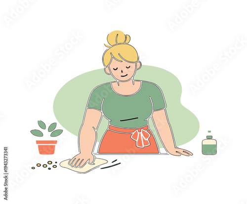 Sunny person wipes a kitchen countertop with a cloth, moving crumbs aside as the surface becomes clean and clear for dinner today