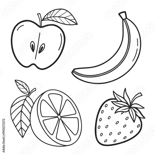 Outline set of fresh sliced fruits and berries, doodle apple, half orange, bananas, strawberries, summer food, vitamin nutrition