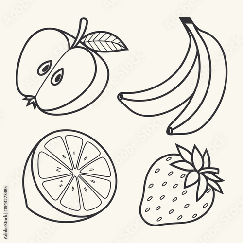 Monochromatic collection of fruit illustrations featuring apple banana orange slice and strawberry for design use in food and health industries