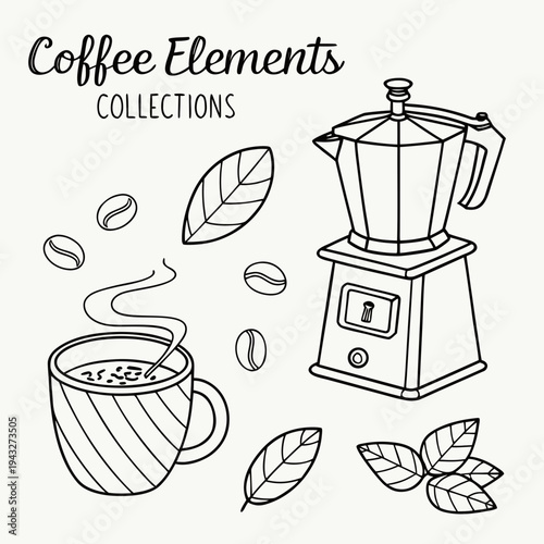 Coffee elements collection, steaming mug, coffee beans, moka pot, and fresh leaves doodle line art illustrations