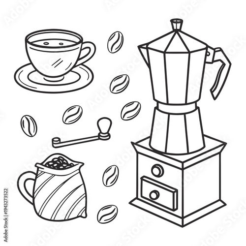 Coffee preparation set with a hot cup, scattered beans, moka pot, manual grinder, and a bag of beans vector