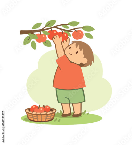 Child Apple Picker. Bright child reaches up picking apples from a tree, basket on grass below, leaves rustle softly, bright fruit