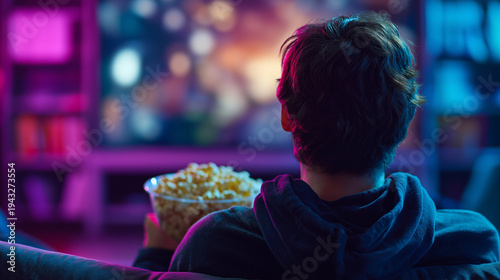 Man watching movie on tv with bowl of popcorn. Young viewer enjoying cinema show at home. Entertainment and leisure concept. Neon lighting atmosphere of modern living room interior.