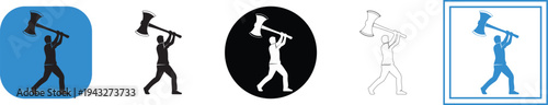 A dynamic vector graphic illustration features a determined figure, likely a man, powerfully raising a large, double-headed axe or heavy maul overhead, symbolizing immense strength, focused effort