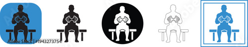 A strong male figure in a minimalist vector illustration performs a dumbbell chest exercise while seated on a workout bench, representing strength, fitness, and active lifestyle graphic design.