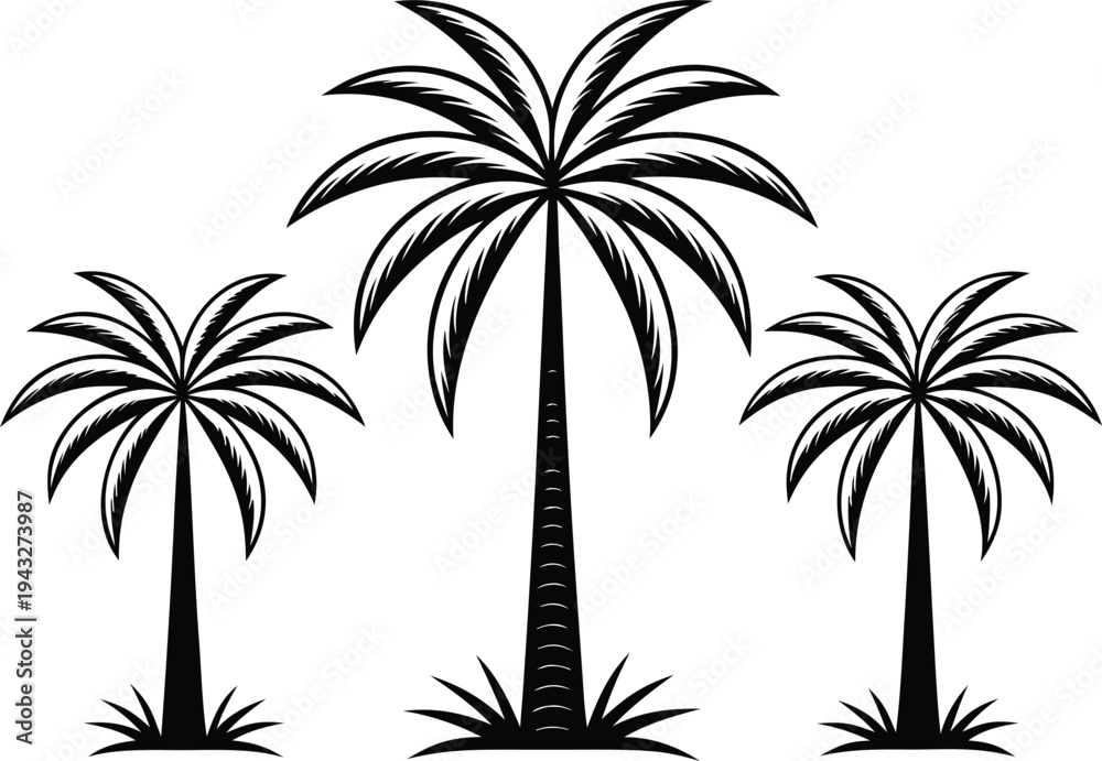 Fototapeta premium Three black palm trees on white background