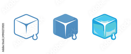 Cooling emblem expressed as a crystal-like ice cube with a tiny melt notch, same silhouette repeated three times side by side: