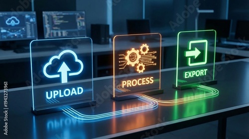 A futuristic data processing concept with upload process and export signs on a sleek table in a modern office environment with neon lights